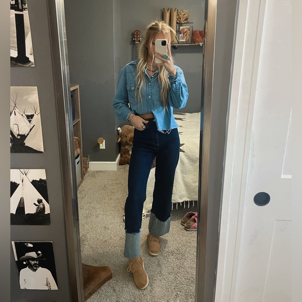 Zara dark wash “folded up wide leg” jean